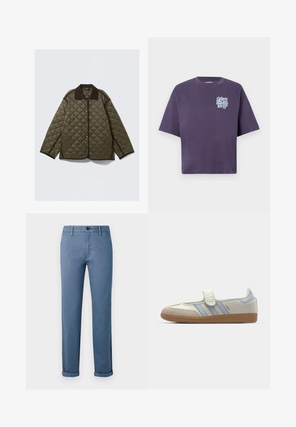 Quiltet olivengrøn jakke med en mørk krave, med trykknapslukning og kontrastfarvet kant langs kanterne, der giver en afslappet pasform.; Lilla bomulds t-shirt med løs pasform, korte ærmer og et grafisk design i lyseblå på venstre brystområde.; Blå afslappede bukser med knaplukning, bæltestropper, sidelommer og manchetter ved anklerne på en hvid baggrund.; adidas Originals SAMBA JANE BALLERINA - Ballerinasko m/ rem - cloud white/halo blue