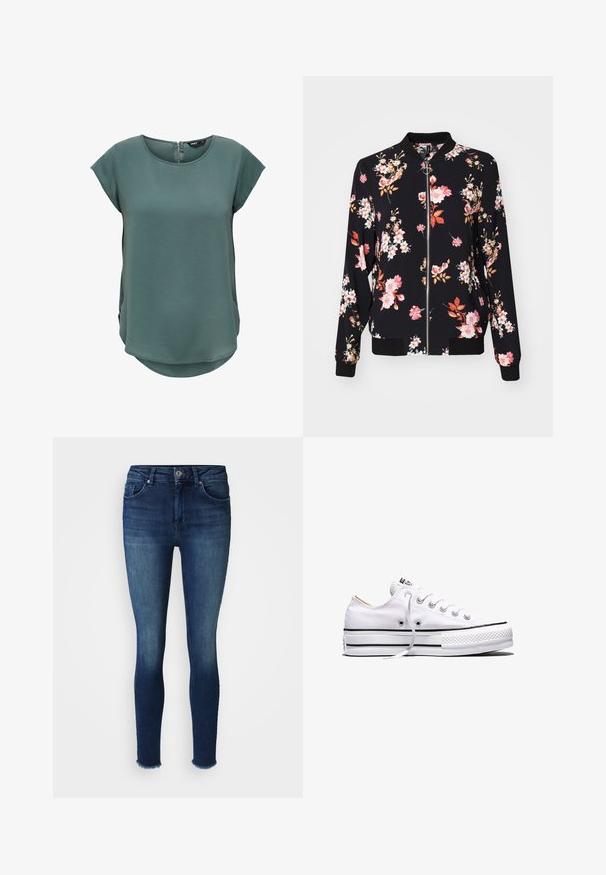 Veste bomber en tissu noir avec motif floral présentant des fleurs roses, blanches et oranges ; poignets, col et taille côtelés ; fermeture éclair à l'avant.; Haut vert à manches courtes en tissu texturé. Présente un col rond et une fermeture éclair discrète au dos, avec un ourlet légèrement arrondi.; Jean skinny bleu foncé en denim, avec une partie avant décolorée, un design à cinq poches et un ourlet brut à la cheville.; Baskets basses en toile blanche avec lacets blancs, bandes noires sur la semelle et embout en caoutchouc texturé, vue de côté sur fond blanc.