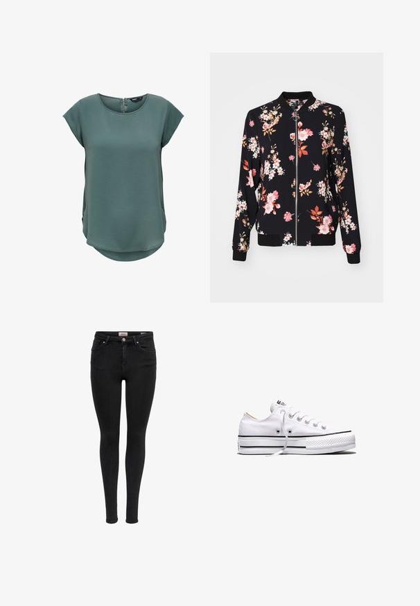 Veste bomber en tissu noir avec motif floral présentant des fleurs roses, blanches et oranges ; poignets, col et taille côtelés ; fermeture éclair à l'avant.; Haut vert à manches courtes en tissu texturé. Présente un col rond et une fermeture éclair discrète au dos, avec un ourlet légèrement arrondi.; Jean skinny noir avec poches avant, passants de ceinture et fermeture à bouton, présenté sur un fond blanc.; Baskets basses en toile blanche avec lacets blancs, bandes noires sur la semelle et embout en caoutchouc texturé, vue de côté sur fond blanc.