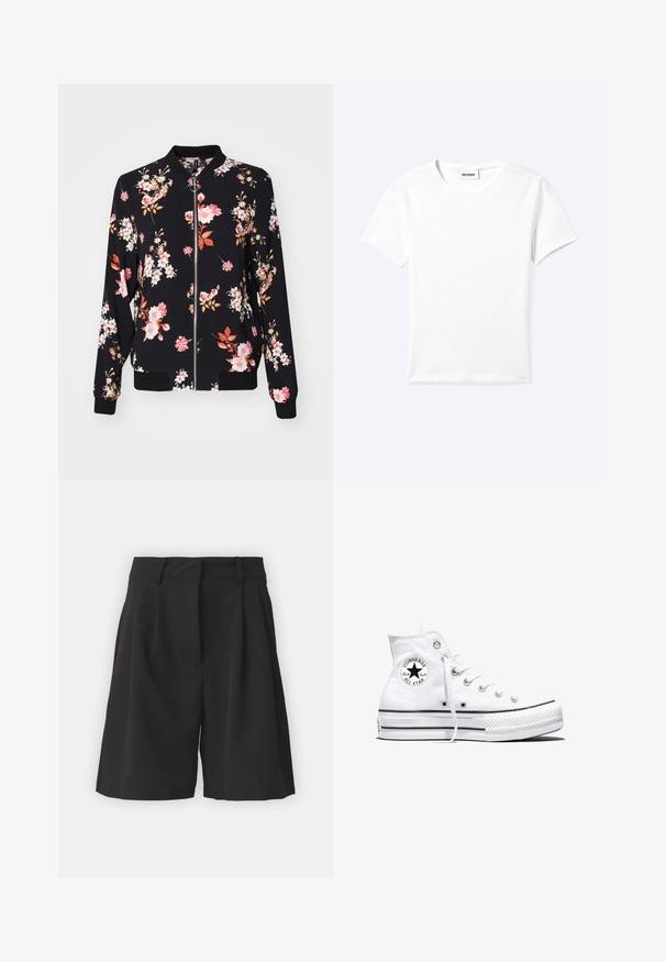 Bomberjakke i sort stof med blomstermønster, der har pink, hvide og orange blomster; ribbede manchetter, krave og liv. Foran lynlåslukning.; Ensfarvet hvid t-shirt med korte ærmer og rund halsudskæring med en lille "WEEKDAY" label indeni halskanten, vist fladt på en lys baggrund.; Sorte shorts med et skræddersyet design, der har læg foran, en bred talje, og en glat overflade. Ingen synlige lommer.; Hvid højtop Converse Chuck Taylor All Star-sneaker med sort logo-patch og hvide snørebånd, vist på hvid baggrund.