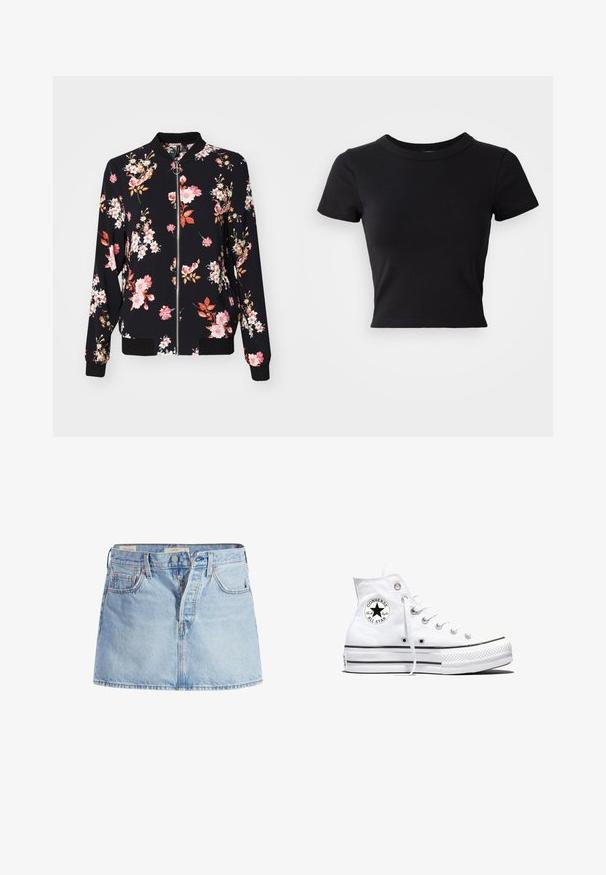 Bomberjakke i sort stof med blomstermønster, der har pink, hvide og orange blomster; ribbede manchetter, krave og liv. Foran lynlåslukning.; Sort cropped t-shirt lavet af solid bomuld, med korte ærmer og rund halsudskæring, med et glat og enkelt design.; Lysblå denimnederdel med et tætsiddende talje, fem-pockets design, frontknaplukning og subtile falmede områder i stoffet.; Hvid højtop Converse Chuck Taylor All Star-sneaker med sort logo-patch og hvide snørebånd, vist på hvid baggrund.