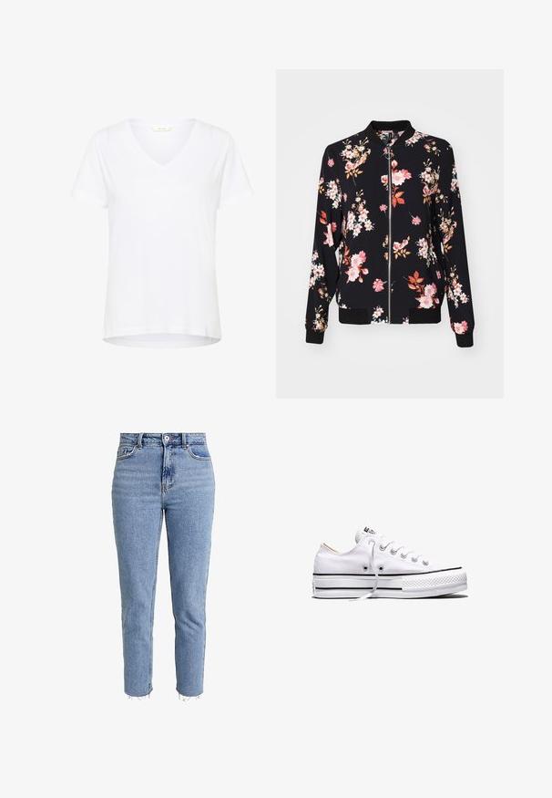 Veste bomber en tissu noir avec motif floral présentant des fleurs roses, blanches et oranges ; poignets, col et taille côtelés ; fermeture éclair à l'avant.; T-shirt blanc à manches courtes avec un col en V, en tissu doux, doté d'une coupe décontractée et d'un ourlet droit avec des détails de couture minimaux.; Jean taille haute bleu clair en denim, avec une coupe droite, un ourlet effiloché et un design minimaliste sans ornements.; Baskets basses en toile blanche avec lacets blancs, bandes noires sur la semelle et embout en caoutchouc texturé, vue de côté sur fond blanc.