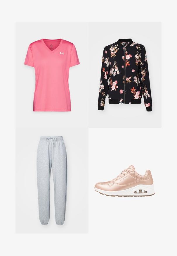 Bomberjack in zwarte stof met een bloemmotief waarin roze, witte en oranje bloemen zijn weergegeven; geribbelde manchetten, kraag en tailleband; voor sluiting met rits.; Roze sportieve T-shirt met een V-halsontwerp, korte mouwen en een lichte, gladde textuur. Heeft een wit logo op de bovenste linkerzijde.; Lichtgrijze sweatpants gemaakt van een zachte katoenen mix, met een elastische tailleband met koord, taps toelopende benen en ribgebreide boorden. Minimale merkdetails.; Roze gouden sportschoen met een zachte leren bovenkant, geperforeerde accenten, witte tussenzool en transparante luchtkussendetail.