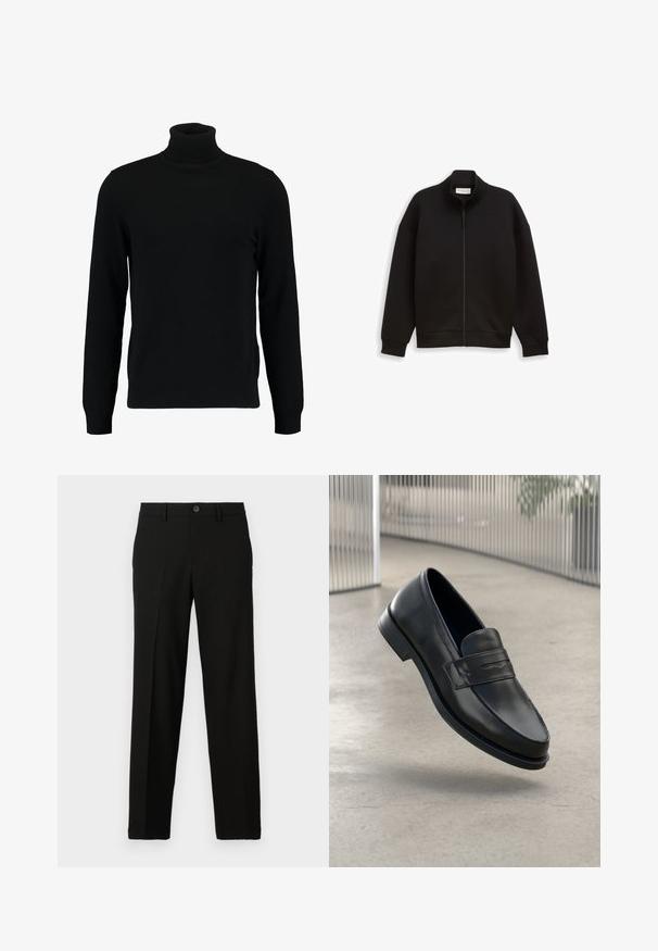 Veste noire zippée avec col montant, manches longues, et poignets et ourlet côtelés, présentée sur un fond uni.; Un pull à col roulé noir en matière tricotée douce. Il possède des manches longues, un col et un ourlet côtelés. Son design est simple et épuré, sans motifs.; Pantalon noir en tissu lisse, avec une coupe droite, une fermeture à bouton à la taille, et sans motifs ni accents visibles.; Mocassin en cuir noir à texture lisse, bout pointu et bande décorative sur le cou-de-pied. Semelle légère, design minimaliste.