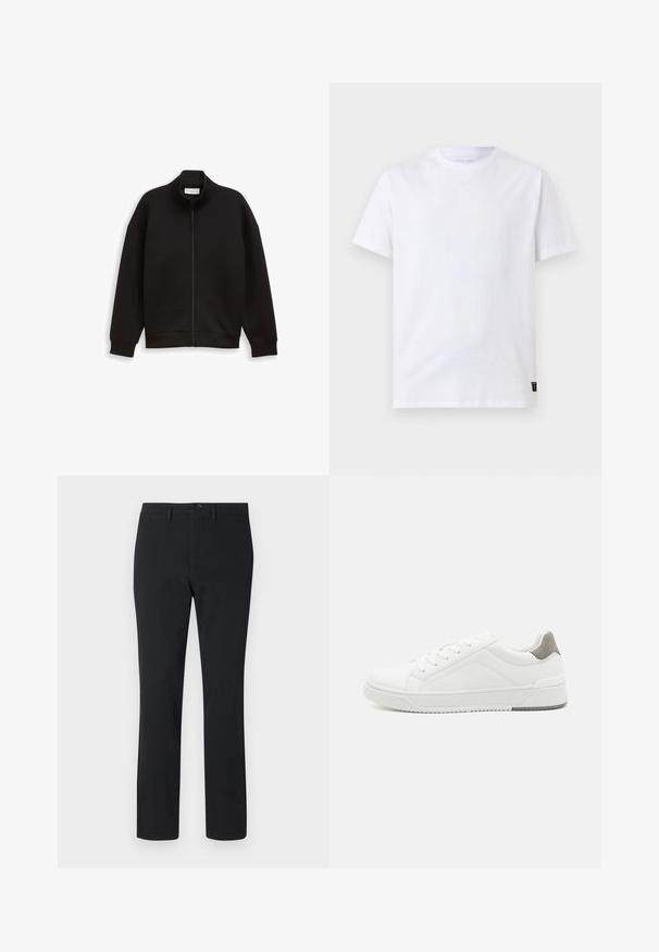 Veste noire zippée avec col montant, manches longues, et poignets et ourlet côtelés, présentée sur un fond uni.; T-shirt blanc uni à manches courtes et col rond, avec une petite étiquette noire d'entretien au bas de l'ourlet sur un fond gris clair.; Pantalons noirs à jambe droite en tissu lisse. Présentent une fermeture à bouton sur le devant, des passants de ceinture et deux poches latérales.; Basket blanche en cuir lisse, à bout arrondi, design minimaliste, accent de talon gris et semelle en caoutchouc texturé.