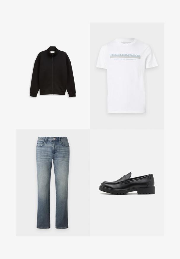 Zwarte zip-up jas met hoge kraag, lange mouwen en geribbelde manchetten en zoom, weergegeven op een effen achtergrond.; Witte katoenen T-shirt met een ronde hals, korte mouwen en een blauw grafisch tekstontwerp met de tekst "DENIM TOM TAILOR opgericht 2007."; Licht gewassen denim jeans met een recht gesneden ontwerp, vijf traditionele zakken, metalen knoopsluiting en subtiele vervaagde details.; Zwarte leren instappers met een ronde neus, slip-on ontwerp en dikke rubberen zool met een gestructureerde grip. Verhoogde hak en subtiele stikdetails.