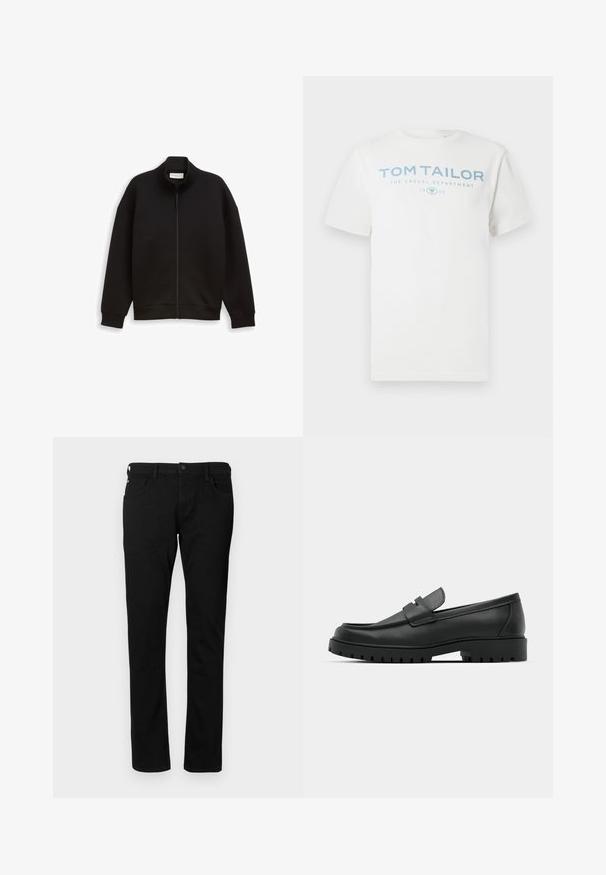 Sort lynlåsjakke med høj krave, lange ærmer og ribbede manchetter og kant, præsenteret på en ensfarvet baggrund.; Hvid bomulds-T-shirt med et lyseblåt print med teksten "TOM TAILOR," "THE CASUAL DEPARTMENT" og "1962." Klassisk rund halsudskæring og korte ærmer.; Sorte denim jeans med en slim fit, der har forlommer, bæltestropper og en knaplukning. Glat tekstur med en ensfarvet overflade.; Sorte læder loafers med rund tå, der har et syet design, lav platformssål og en struktureret, skridsikker gummisål.