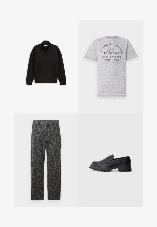 Chaqueta negra con cremallera y cuello alto, de mangas largas y puños y dobladillo acanalados, exhibida sobre un fondo liso.; Camiseta de manga corta en gris brezo con el texto "Authentic Classics 1962" y "Tom Tailor" impresos en una combinación de verde oscuro y negro.; Pantalones rectos pixelados en negro y gris con bolsillos frontales y cierre de botón.; Mocasines de cuero negro con punta redondeada, que presentan una correa decorativa y una suela de goma gruesa con surcos profundos para mayor tracción.