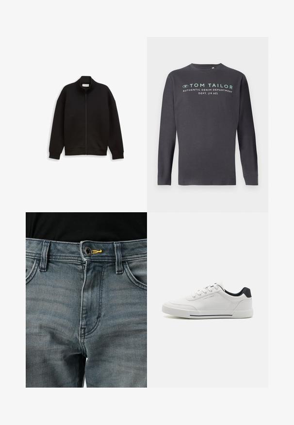 Sort lynlåsjakke med høj krave, lange ærmer og ribbede manchetter og kant, præsenteret på en ensfarvet baggrund.; TOM TAILOR PRINTED - Langærmet T-shirt - tarmac grey; Falmede blå denimjeans med knappelukning, gul akcent ved taljen og klassisk fem-lomme design. Teksturen ser blød og brugt ud.; Hvide sneakers med en glat syntetisk overdel, rund tå, snørebåndsdesign, marineblå accent på hælen og en tekstureret gummisål med en sort stribe.