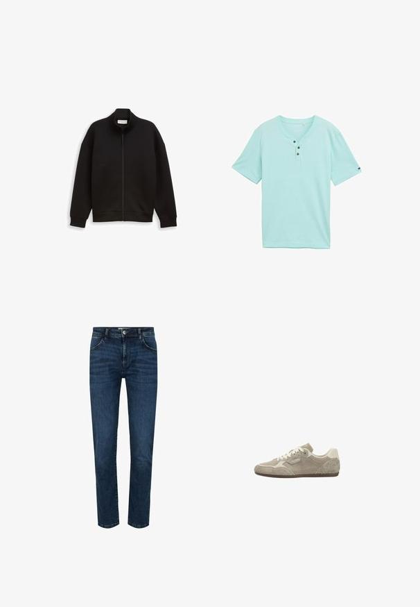 Schwarze Zip-Jacke mit hohem Kragen, langen Ärmeln und gerippten Bündchen und Saum, auf einem schlichten Hintergrund präsentiert.; Hellblau-grünes Henley-Shirt mit kurzen Ärmeln aus weichem Stoff, verfügt über einen abgerundeten Ausschnitt und drei schwarze Knöpfe vorne.; Dunkelblaue Denim-Jeans mit geradem Schnitt, Fünf-Pocket-Design und Druckknopfverschluss. Verstärkte Nähte an den Nähten und ein leichter Verblassungseffekt.; Beiger flacher Freizeitsneaker mit Wildleder- und Stoffpaneelen, weißen Schnürsenkeln und einer dünnen braunen Sohle, im Seitenprofil gezeigt.