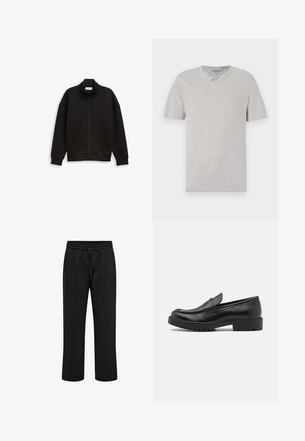 Veste noire zippée avec col montant, manches longues, et poignets et ourlet côtelés, présentée sur un fond uni.; T-shirt à manches courtes, rayé gris et blanc, avec un col rond et deux boutons au niveau du cou. Tissu doux avec une coupe décontractée.; Pantalon décontracté noir avec taille élastique et cordon, coupe droite et plis à l'avant.; Mocassins en cuir noir avec un bout arrondi, un design à enfiler et une semelle en caoutchouc épaisse avec une texture antidérapante. Talon surélevé et détails de surpiqûre subtils.