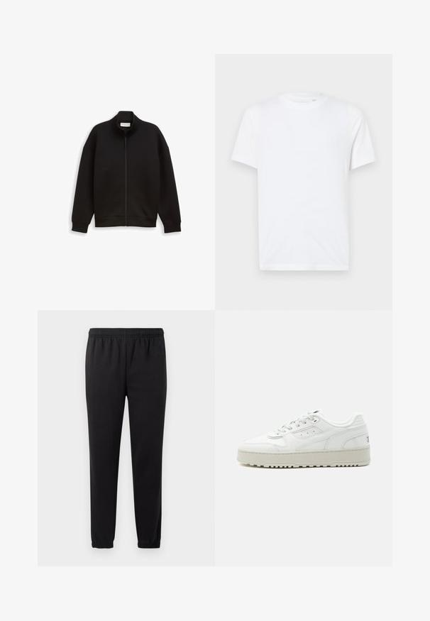 Schwarze Zip-Jacke mit hohem Kragen, langen Ärmeln und gerippten Bündchen und Saum, auf einem schlichten Hintergrund präsentiert.; Weißes Baumwoll-T-Shirt mit Rundhalsausschnitt und kurzen Ärmeln. Mit einem kleinen, eingeprägten Logo auf der linken Brust. Glatte Textur.; Schwarze Jogginghose mit elastischem Bund, schmal zulaufenden Beinen und strukturiertem Stoff. Verfügt über ein dezentes Logo-Detail auf der linken Seite.; Weißer Sneaker in niedriger Ausführung mit dicker Sohle, Schnürverschluss vorne, perforierten Details und gepolstertem Schaft auf schlichtem hellgrauem Hintergrund.