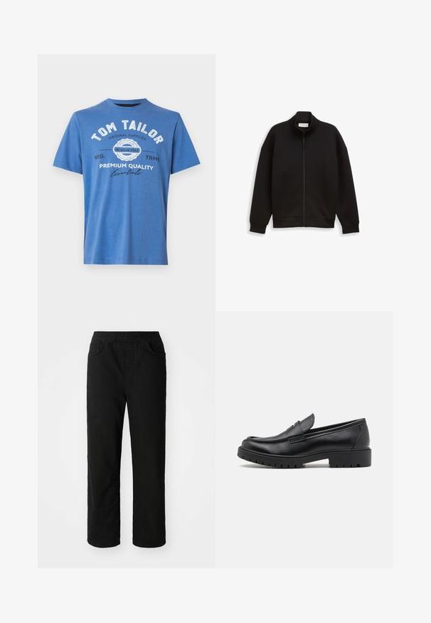 Sort lynlåsjakke med høj krave, lange ærmer og ribbede manchetter og kant, præsenteret på en ensfarvet baggrund.; Blå kortærmet T-shirt lavet af bomuld. Har trykt tekst med "TOM TAILOR" og logo. Klassisk rund halsudskæring og lige kant.; Sorte bomuldsbukser med en afslappet pasform, elastisk talje, to frontlommer og lige ben. Glat tekstur uden synlige mønstre.; Sorte læder loafers med rund tå, slip-on design og tyk gummisål med tekstureret greb. Forhøjet hæl og subtile syninger.