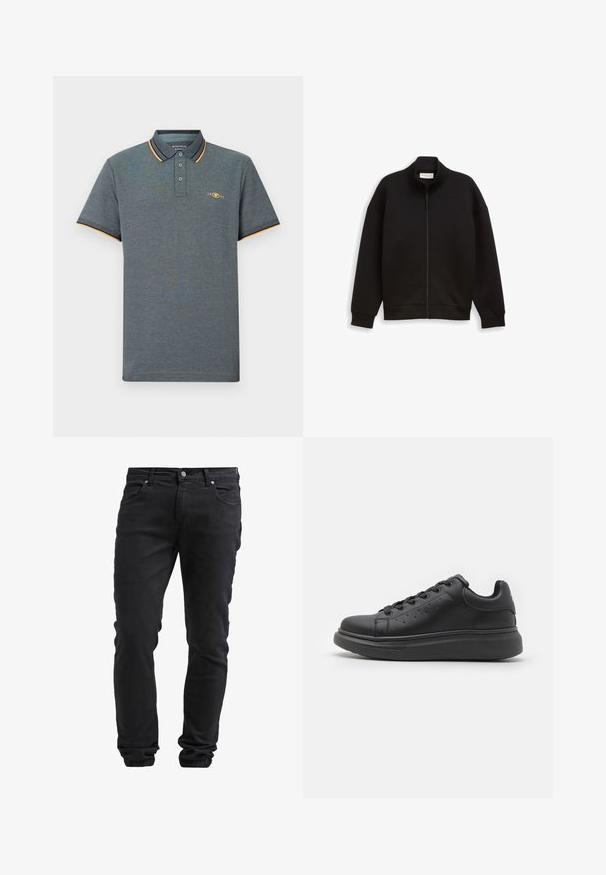 Chaqueta negra con cremallera y cuello alto, de mangas largas y puños y dobladillo acanalados, exhibida sobre un fondo liso.; Polo gris con una tela texturizada, que presenta una tapeta de tres botones, acentos en color azul claro y naranja en el cuello, y un pequeño logo en el pecho.; Jeans negros slim fit con cierre de botón y cremallera, cinco bolsillos y puños elásticos en los tobillos.; Jack & Jones Trainers Trainers - Zapatillas - black