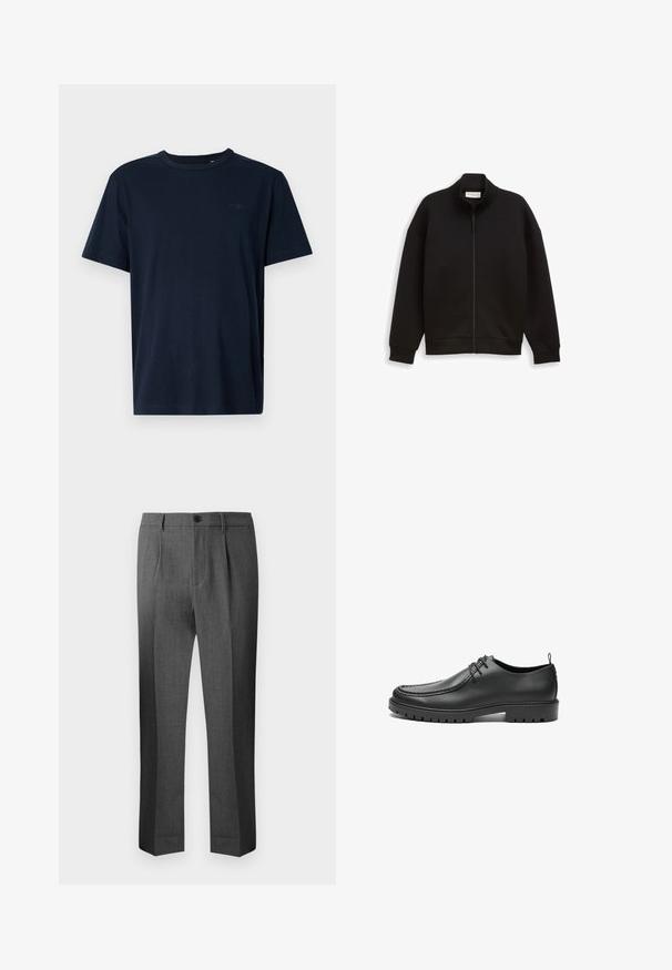 Sort lynlåsjakke med høj krave, lange ærmer og ribbede manchetter og kant, præsenteret på en ensfarvet baggrund.; Mørkeblå kortærmet t-shirt lavet af blødt stof med en rund halsudskæring, prydet med et lille logo og året "1962" trykt på brystet.; Grå skræddersyede bukser med en glat tekstur, der har plisseret front, knaplukning og lige ben. Enkel design og rene linjer.; Sorte lædersko med en glat overflade, rund tå og dekorativ stikning. Har en gummisål med skridsikre spor og snørebåndsdesign.