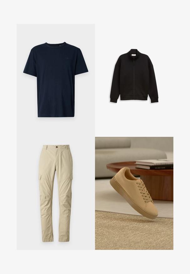 Veste noire zippée avec col montant, manches longues, et poignets et ourlet côtelés, présentée sur un fond uni.; T-shirt bleu marine à manches courtes en tissu doux, avec un col rond, et un petit logo ainsi que l'année "1962" imprimés sur la poitrine.; Pantalons cargo beiges en tissu léger, dotés de plusieurs poches, d'une fermeture à bouton et d'un design de jambe fuselée. Texture lisse.; Baskets beiges à lacets flottant au-dessus d'un tapis texturé avec une table basse en bois et des livres empilés en arrière-plan flou.