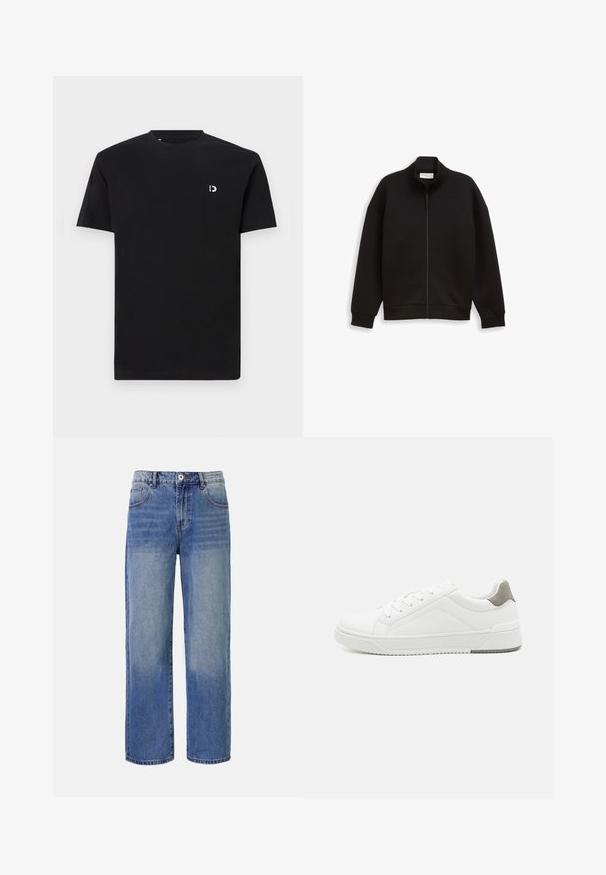Schwarze Zip-Jacke mit hohem Kragen, langen Ärmeln und gerippten Bündchen und Saum, auf einem schlichten Hintergrund präsentiert.; Schwarz Baumwoll-T-Shirt mit kurzen Ärmeln, rundem Halsausschnitt und einem kleinen weißen Logo auf der linken Brustseite. Glatte Textur, schlichtes Design.; Helle blaue Denim-Jeans mit weitem Bein, einem Ausbleichungsmuster, fünf Taschen und einem Reißverschluss. Mit einem Knopf und Gürtelschlaufen an der Taille.; Weißer Sneaker aus glattem Leder, runde Zehenpartie, minimalistisches Design, graue Fersenkante und strukturierte Gummisohle.