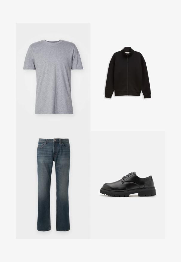 Zwarte zip-up jas met hoge kraag, lange mouwen en geribbelde manchetten en zoom, weergegeven op een effen achtergrond.; Grijze, korte mouwen t-shirt gemaakt van een katoenmix, met een klassieke ronde halslijn en een gladde, zachte textuur.; Donkerblauwe spijkerbroek met een recht model. Kenmerken zijn onder andere vijf zakken, contrasterende stiksels, en een sluiting met een knoop en rits aan de voorkant.; Zwarte leren schoenen met een ronde neus, vetersluiting en een dikke, gestructureerde rubberen zool. Kenmerken zijn stiksels langs de rand en een gladde afwerking.