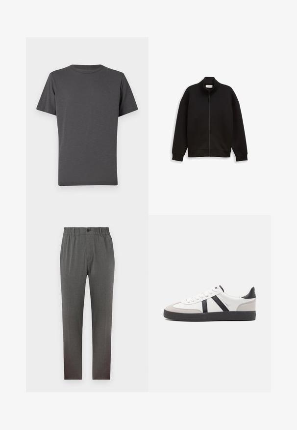 Zwarte zip-up jas met hoge kraag, lange mouwen en geribbelde manchetten en zoom, weergegeven op een effen achtergrond.; Donkergrijs crew-neck t-shirt, korte mouwen, gemaakt van zachte stof. Heeft een subtiele logo op de voorkant, gladde textuur met minimale naden.; Grijze broek met een tailor-made design, voorzien van een elastische tailleband, knoopsluiting en rechte pijpen; gemaakt van zachte, gestructureerde stof.; Witte sneaker met zwarte en grijze accenten, voorzien van een grijze neus met textuur, zwarte rubberen zool en platte witte veters. Schoon ontwerp, minimalistische stijl.