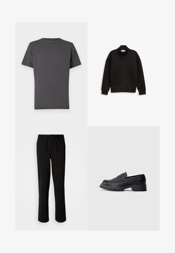 Chaqueta negra con cremallera y cuello alto, de mangas largas y puños y dobladillo acanalados, exhibida sobre un fondo liso.; Camiseta de cuello redondo en gris oscuro, de manga corta, hecha de tejido suave. Presenta un logotipo sutil en la parte frontal, textura lisa y costuras mínimas.; Pantalones de chándal negros con cinturilla ajustable, hechos de tela suave y elástica. Presentan un corte relajado con piernas rectas y sin bolsillos visibles.; Mocasines de cuero negro con punta redondeada, que presentan una correa decorativa y una suela de goma gruesa con surcos profundos para mayor tracción.