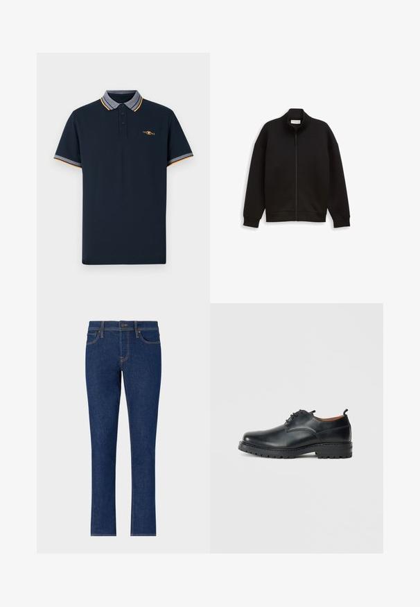 Zwarte zip-up jas met hoge kraag, lange mouwen en geribbelde manchetten en zoom, weergegeven op een effen achtergrond.; Navyblauw polo-shirt van katoen, met een kraag in grijs, oranje accenten en een drievoudige knoopsluiting. Geborduurd logo van 1962.; Donkerblauwe denim jeans met een recht model, voorzien van subtiele stiksels, vijf zakken en een knoopsluiting bij de taille.; Zwarte leren derby schoenen met een gladde textuur, ronde neus, vetersluiting en een dikke, robuuste rubberen zool.
