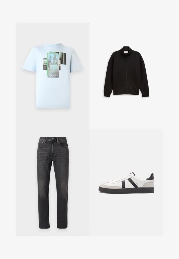 Schwarze Zip-Jacke mit hohem Kragen, langen Ärmeln und gerippten Bündchen und Saum, auf einem schlichten Hintergrund präsentiert.; TOM TAILOR T-Shirt print - light metal blue; Schwarze Jeans aus Denim mit geradem Bein, ausgestattet mit Fronttaschen, einem Knopfverschluss und dezenten Verwaschungen im Stoff.; Weiße Sneaker mit schwarz- und grau-aczenten, ausgestattet mit einer strukturierten grauen Zehenkappe, schwarzer Gummi-Sohle und flachen weißen Schnürsenkeln. Sauberes Design, minimalistische Stil.