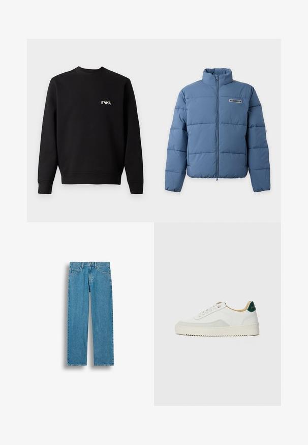 Modrá prešívaná bunda s vysokým golierom, predným zipsom a logom EA7 Emporio Armani na hrudi.; Čierna mikina s okrúhlym výstrihom, dlhými rukávmi a rebrovanými manžetami. Na hrudi sa nachádza malé biele vyšívané logo. Materiál z bavlnenej zmesi.; Modré rifle s rovnými nohavicami, predné vrecká, pútka na opasok a zapínanie na gombík, zobrazené na bielom pozadí.; Biele tenisky s semišovými akcentmi, zaoblenou špičkou, plochými šnúrkami a krémovou gumovou podrážkou. Na päte sú zelené značky.