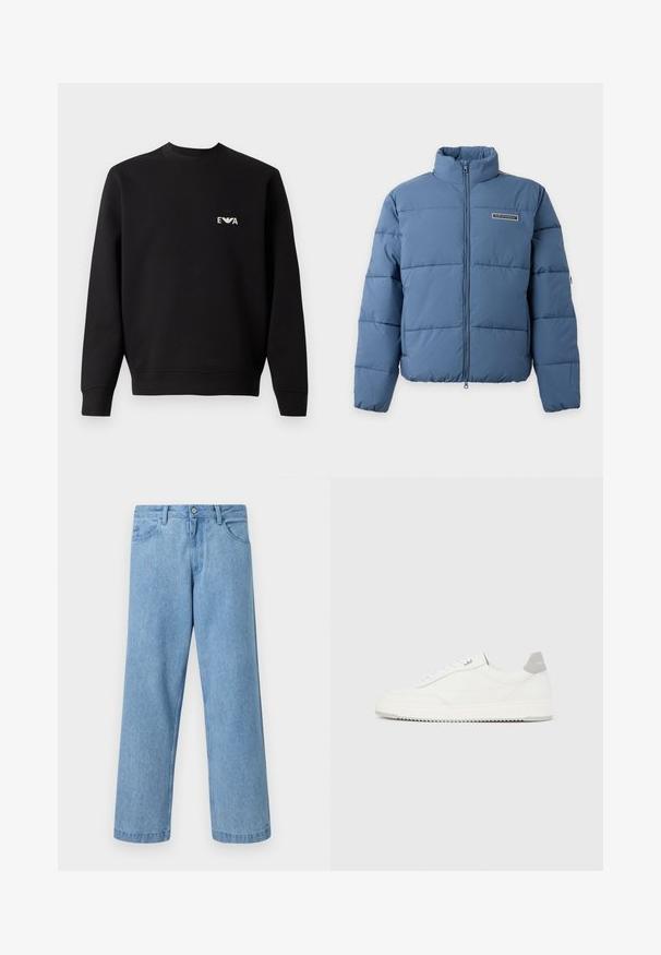 Blå polstret jakke med høj krave, forreste lynlås og EA7 Emporio Armani-logo på brystet.; Sort sweatshirt med rund hals, lange ærmer og ribbede manchetter. Har et lille hvidt broderet logo på brystet. Stoffet er en blanding af bomuld.; Lyseblå straight-leg denimjeans med forlommer, bæltestropper og knaplukning mod en ensfarvet baggrund.; Hvid lavtop-sneaker med gråt hælflig, hvide snørebånd og tekstureret sål, vist på en ensfarvet lys baggrund.