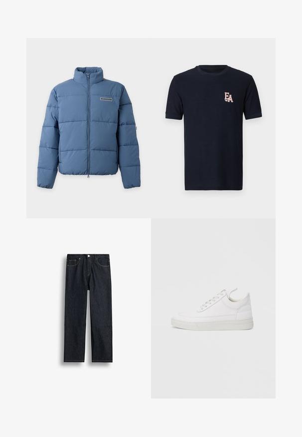 Blauwe gewatteerde jas met een hoge kraag, ritssluiting aan de voorkant en EA7 Emporio Armani-logo op de borst.; Marineblauw T-shirt met korte mouwen van ribstof, met een roze "EA" logo dat op de linkerborst is geborduurd. Klassieke ronde hals.; Donkerblauwe recht gesneden spijkerbroek met voorvak, rits en ontwerp met vijf zakken op een witte achtergrond.; Witte leren sneaker met een afgeronde neus, platte zool en veters aan de voorkant. Voorzien van stikseldetails en een gevoerde kraag voor comfort.