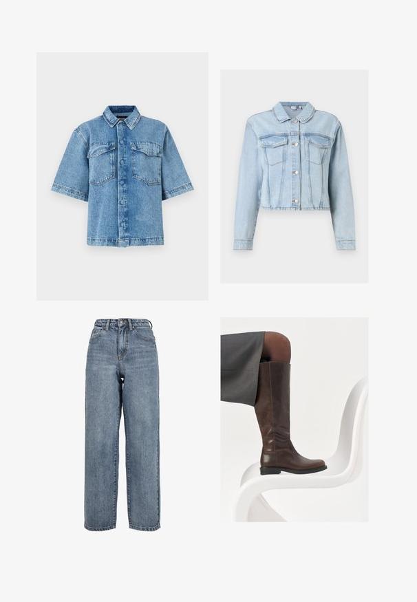 Lyseblå denimjakke med lange ærmer, knaplukning foran, brystlommer med klapper og en klassisk krave.; Kortærmet denimskjorte i lyseblå med spread krave, to brystlommer og knaplukning fortil. Skjorten har en afslappet pasform og synlige syninger.; Lyseblå vide jeans lavet af denim, med høj talje, fem lomme design og synlige syninger langs sømmene.; Brun læder knæhøj støvle med afrundet tå, glat tekstur og minimale syningsdetaljer, sat mod en lys baggrund på en hvid stol.