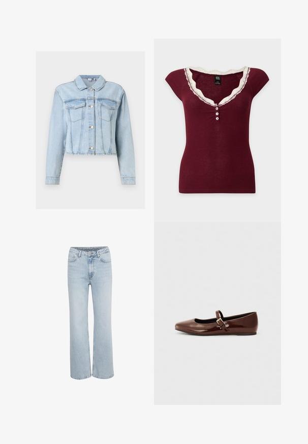 Lyseblå denimjakke med lange ærmer, knaplukning foran, brystlommer med klapper og en klassisk krave.; Kortærmet ribbet burgunder top med hvid blonder trim rundt om V-hals og tre hvide knapper foran i midten.; Lysblå højtaljede denim jeans med brede ben, fremadgående knap- og lynlåslukning samt fem lommer.; Brun patentlæder balletflade med firkantet tå og strop med en lille guldbuckle. Glat tekstur, lav hæl og minimalistisk design.