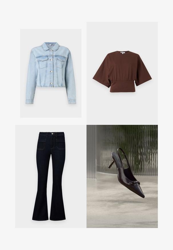 Veste en denim bleu clair à manches longues, fermeture à boutons sur le devant, poches à rabat sur la poitrine et col classique.; Haut court marron avec manches larges arrivant au coude et taille froncée, présenté sur un fond clair uni.; Jean flare bleu foncé avec une taille haute, en denim, dotés de deux poches arrière et de surpiqûres contrastées le long des coutures.; Escarpin slingback noir brillant à bout pointu avec une petite boucle décorative, flottant au-dessus d'un sol en béton avec un fond en verre texturé.