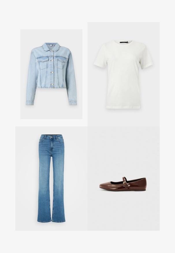 Hellblaue Jeansjacke mit langen Ärmeln, durchgehender Knopfleiste, aufgesetzten Brusttaschen und klassischem Kragen.; Schlichtes weißes T-Shirt mit kurzen Ärmeln und Rundhalsausschnitt, mit geradem Saum, flach auf hellem Hintergrund dargestellt.; Hellblaue Jeans mit hoher Taille, weiten Beinen, Knopf- und Reißverschluss vorne sowie Taschen vorne und hinten.; Braune Lackleder-Ballerinas mit quadratischer Zehenform und Riemen mit einer kleinen goldenen Schnalle. Glatte Textur, niedriger Absatz und minimalistisches Design.