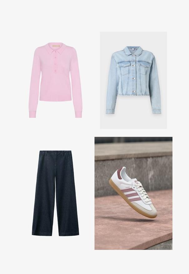Lyseblå denimjakke med lange ærmer, knaplukning foran, brystlommer med klapper og en klassisk krave.; Rosa strikket langærmet polo sweater med krave, der har en fem-knaps placket og ribbet kant. Blød tekstur, tætsiddende design.; Vidbenede, mørke denimbukser med en glat tekstur. Har forlommer og et klassisk linningdesign. Ingen synlige lukninger.; Hvid og pink Adidas Samba sneaker med gummisål, der svæver over en stenoverflade med en sløret stenvæg i baggrunden.