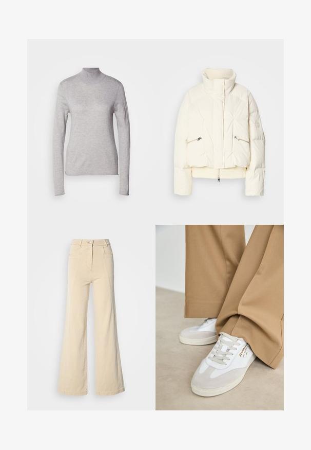 Off-white polstret jakke med høj krave, frontlynlås skjult af klap, to diagonale lynlåslommer og ribbet kant.; Lys grå turtleneck top med lange ærmer, lavet af et blødt strikmateriale. Har et tætsiddende design og ribbet hals. Glat tekstur.; Beige vidde jeans med høj talje, forlommer og kontrasterende syninger, udstyret med en knaplukning og en glat bomuldsstruktur.; Hvide sneakers med ruskinddetaljer, strukturerede snørebånd og gummisål. Kombineret med løse, brune bukser. Logoet er vist på siden.