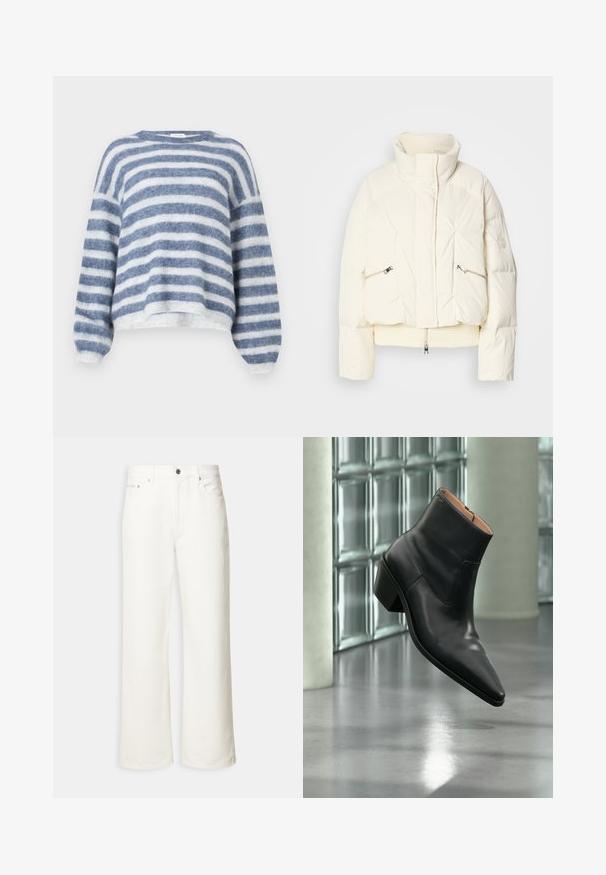 Veste matelassée écrue avec col haut, fermeture éclair à l'avant cachée par un rabat, deux poches zippées diagonales et ourlet côtelé.; American Vintage NENYBAY - Pullover - polaire/raye tornade; Jean blanc à jambes larges avec boutons à l'avant, passants de ceinture et design à cinq poches.; Bottine en cuir noir avec un bout pointu et un talon carré lévitant au-dessus d'un sol gris réfléchissant près d'un mur en blocs de verre.