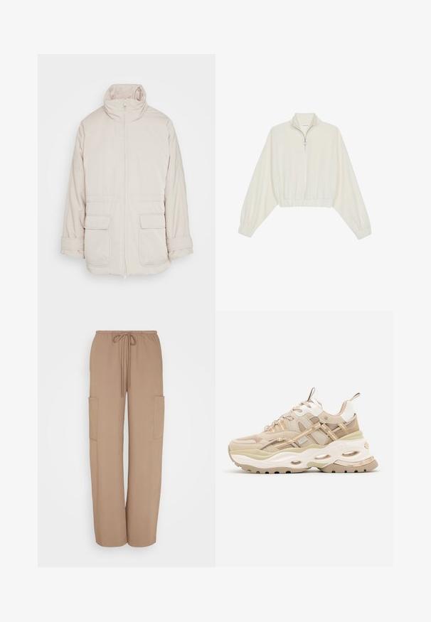 Weekday BREA WAISTED - Parka - beige; Sudadera cropped en tejido crema, con cuello alto, cierre de media cremallera, dobladillo y puños elásticos, con una textura suave y un diseño minimalista.; Weekday ADISA SUITING TROUSER - Pantalones cargo - mole medium dusty; Zapatilla gruesa beige y blanca con suela gruesa, paneles de malla y cuero, recortes ovalados en la entresuela, lengüetas en la lengüeta y el talón.