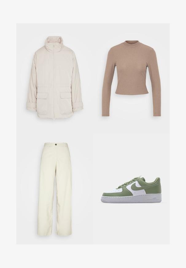 Weekday BREA WAISTED - Parka - beige; Dlhý rukáv ribbed top v svetlo hnedej farbe, s vysokým golierom a priliehavým strihom, s krátkym lemom a jemnou textúrou látky.; Weekday ELIO - Nohavice - beige dusty light; Nike Air Force 1 tenisky v zeleno-bielej koži. Nízkoprofilový dizajn, okrúhla špička, textúrovaná gumová podrážka a výrazný detail loga Swoosh.