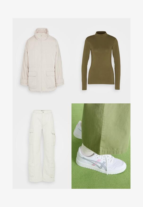 Weekday BREA WAISTED - Παρκά - beige; JDY Μπλούζα με μακριά μανίκια - kalamata; Φορτηγά παντελόνια σε εκρού βαμβάκι, με φαρδιά πόδια, πλαϊνές τσέπες και κουμπί κλεισίματος στη μέση. Λείος υφή με χρηστικό σχέδιο.; Λευκά sneakers με γκρι και ροζ λεπτομέρειες, με λεία δερμάτινη επάνω επιφάνεια, τρυπητό μπροστινό μέρος και επίπεδη λευκή σόλα, σε συνδυασμό με ελαιόχρωμες παντελόνες.