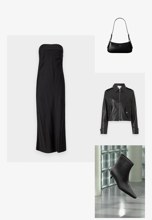 Veste courte noire en matériau brillant avec fermeture éclair à l'avant, col pointu, deux poches latérales et poignets boutonnés.; Robe noire sans bretelles en tissu lisse, présentant un design long jusqu'au sol avec une fente sur le côté pour un détail supplémentaire.; Bottine en cuir noir avec bout pointu et petit talon, présentée devant un mur en blocs de verre et un sol poli.; Mini sac à bandoulière en cuir noir avec une fine bandoulière et un petit logo CK doré au centre avant.