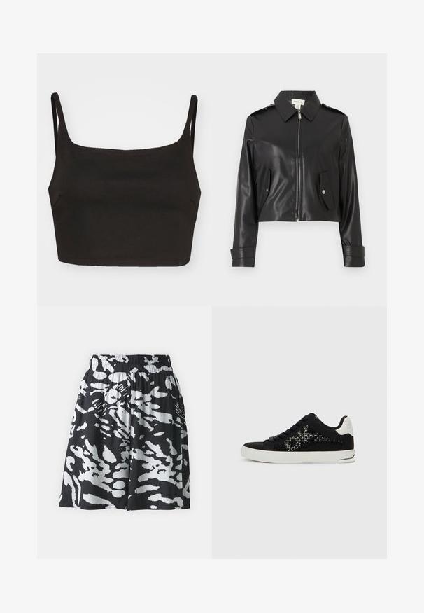Musta, lyhyt takki kiiltävästä materiaalista, jossa on vetoketjullinen etupuoli, terävä kaulus, kaksi sivutaskua ja napilliset hihansuut.; Musta crop-top ohuilla hihnoilla, valmistettu sileästä kankaasta. Siinä on suora pääntie ja minimalistinen muotoilu. Ei näkyviä kuvioita tai metalliosia.; Mustat ja valkoiset kuvioidut shortsit, joissa on joustava vyötärö, valmistettu sileästä ja kevyestä kankaasta, ja polven mittaiset.; Mustat tennarit, joissa on rei'itetty verkkokuvio, valkoinen pohja ja mustat nauhat. Koristeltu valkoisella kantapäällä ja geometrisillä leikkauksilla sivussa.