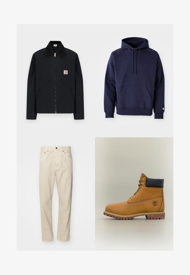 Čierna bunda na zips s čiernym golierom, prednými bočnými vreckami, hrudným vreckom na zips a nášivkou s logom Carhartt na ľavej strane hrude.; Námornícky modrý pulóver s kapucňou vyrobený z mäkkej tkaniny. Obsahuje klokanie vrecko, kapucňu na sťahovanie a ribbené manžety. Ozdobený logom na rukáve.; Bežové bavlnené nohavice so strihom s rovnými nohami, piatimi vreckami a kovovými akcentmi. Hladká textúra s minimálnymi švovými detailmi.; Hnedá kožená členková členková obuv s čiernym golierom, žltými šnúrkami a béžovou podrážkou. Má logo a biele prešívanie. Hrubá podrážka s dobrým záberom.