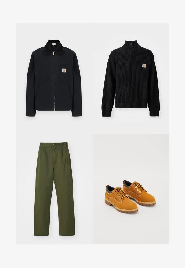 Sort lynlåstrøje med sort krave, lommer foran, brystlomme med lynlås og Carhartt-logo på venstre bryst.; Sort ribbet strikket sweater med høj hals, halv lynlås og en lille brystlomme med et logo. Langærmer og struktureret stof.; Olivengrønne, høj talje bukser med lige ben design. Fremstillet af et letvægtsmateriale, med frontplisser og knaplukning.; Brune ruskindssko med rund tå, gule snørebånd, en polstret sort krave og gummisåler med skridsikre riller.