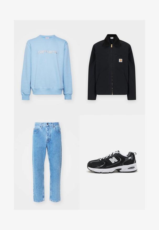 Veste noire à fermeture éclair avec col noir, poches latérales avant, poche zippée sur la poitrine et écusson logo Carhartt sur la poitrine gauche.; Sweatshirt bleu clair en tissu doux, avec un col rond, des poignets côtelés et un logo "carhartt" brodé dans une couleur contrastante.; Des jeans en denim bleu clair présentent un design à jambe droite, cinq poches et une fermeture à bouton classique au niveau de la taille.; Baskets de sport noires et grises avec un tige en mesh et en suède, présentant une semelle intermédiaire blanche, des lacets et un logo "N" audacieux sur le côté.