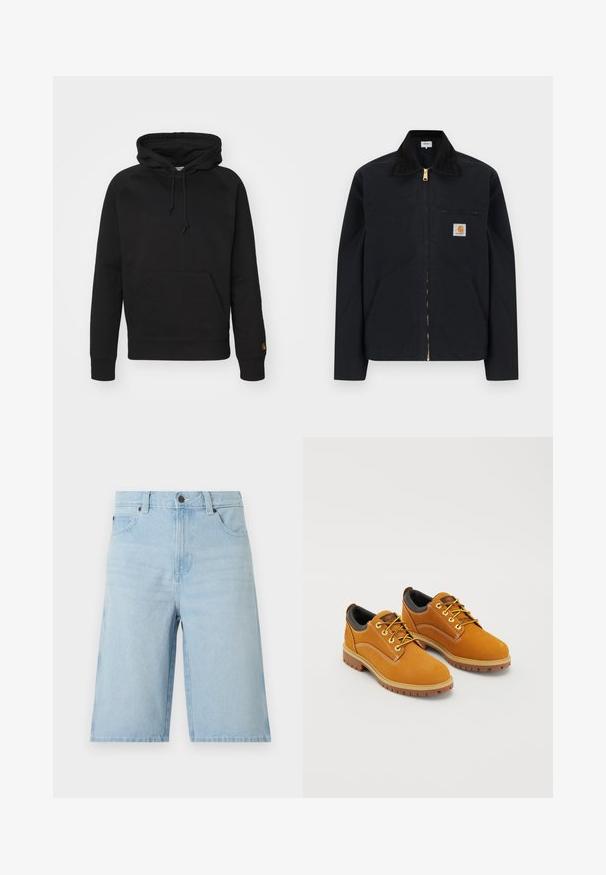 Sort lynlåstrøje med sort krave, lommer foran, brystlomme med lynlås og Carhartt-logo på venstre bryst.; Sort hættejakke i blødt stof, med en frontlomme, justerbar snor og ribbede manchetter. Glat tekstur med minimal detaljer.; Lyseblå cowboyshorts med knap foran, lynlås, bæltestropper og to forlommer, vist på en ensfarvet baggrund.; Brune ruskindssko med rund tå, gule snørebånd, en polstret sort krave og gummisåler med skridsikre riller.
