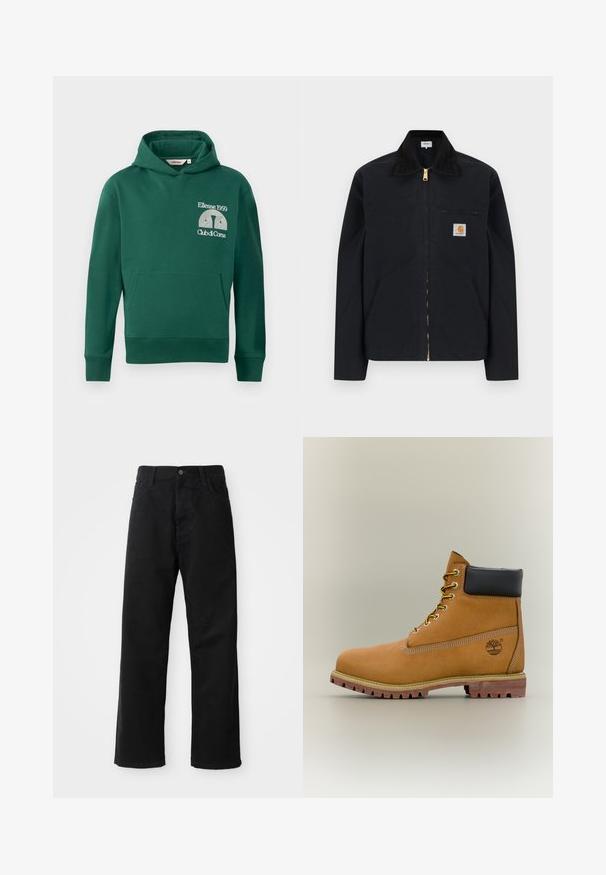 Schwarze Jacke mit Reißverschluss, schwarzem Kragen, vorderen Seitentaschen, Reißverschlusstasche auf der Brust und Carhartt-Logoaufnäher auf der linken Brustseite.; Grüne Kapuzenjacke aus Baumwollmischung, ausgestattet mit einer vorderen Kängurutasche und gesticktem Logo mit dem Text "Ellesse 1959" und "Club di Corsa".; Schwarze Jeans mit geradem Schnitt, ausgestattet mit Fronttaschen, einem Reißverschluss und einem einzelnen oberen Knopf. Texturiert mit matter Oberfläche.; Brauner Leder-Stiefelette mit schwarzem Kragen, gelben Schnürsenkeln und hellbrauner Sohle. Verfügt über ein Logo und weiße Ziernähe. Robuste Profilsohle.