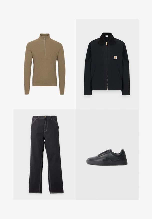 Veste noire à fermeture éclair avec col noir, poches latérales avant, poche zippée sur la poitrine et écusson logo Carhartt sur la poitrine gauche.; Pull en zip marron avec un col haut, fabriqué en tissu tricoté texturé. Il présente des manches longues et une coupe ajustée.; Jean noir à coupe droite avec poches avant, passants de ceinture et coutures blanches visibles sur un fond gris clair uni.; Chaussure de sport en cuir noir avec une finition lisse, bout arrondi, panneau latéral texturé et lacets noirs. Présente une semelle en caoutchouc plate et un design minimaliste.