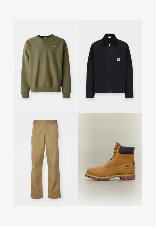 Musta vetoketjullinen takki, jossa musta kaulus, etuosan taskut, rintatasku vetoketjulla ja Carharttin logotarra vasemmalla rinnalla.; Oliivinvihreä Nike-huppari, jossa on pyöreä kaula-aukko ja resorihihansuut, esillä yksinkertaisen valkoisen taustan edessä.; Khaki chinot, joissa on suora lahje ja jotka on valmistettu sileästä puuvillakankaasta. Ominaisuuksiin kuuluu edessä nappisuljenta ja sivutaskut.; Ruskeat nahkaiset nilkkurit, joissa musta kaulus, keltaiset nauhat ja vaalea pohja. Varustettu logolla ja valkoisilla sauman yksityiskohdilla. Kestävä, pitävä ulkopohja.