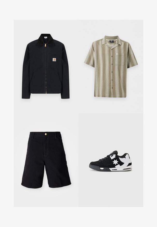 Veste noire à fermeture éclair avec col noir, poches latérales avant, poche zippée sur la poitrine et écusson logo Carhartt sur la poitrine gauche.; Chemise à manches courtes avec boutons, présentant des rayures verticales beige et brun clair, et une poche poitrine sur fond blanc.; Shorts en denim noir avec une fermeture à bouton, présentant une coupe droite, des poches latérales et des coutures renforcées pour plus de durabilité.; Baskets noir et blanc avec des matériaux en daim et en maille. Dotées d'un logo étoile proéminent et d'accents audacieux sur le côté, avec une semelle rembourrée.
