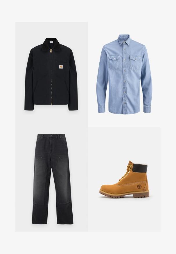 Zwarte jas met ritssluiting, zwarte kraag, steekzakken aan de voorkant, borstzak met rits en Carhartt-logo op de linkerborst.; Lichtblauw denim overhemd met lange mouwen, drukknopen, een puntige kraag en twee klepzakken op de borst met knoopsluitingen.; Zwarte wijde jeans met voorzakken, riemlussen en een knoop- en ritssluiting.; Bruine leren enkellaars met metalen oogjes, witte faux bont voering, zwarte gewatteerde kraag, robuuste zool en een reliëflogo aan de zijkant.